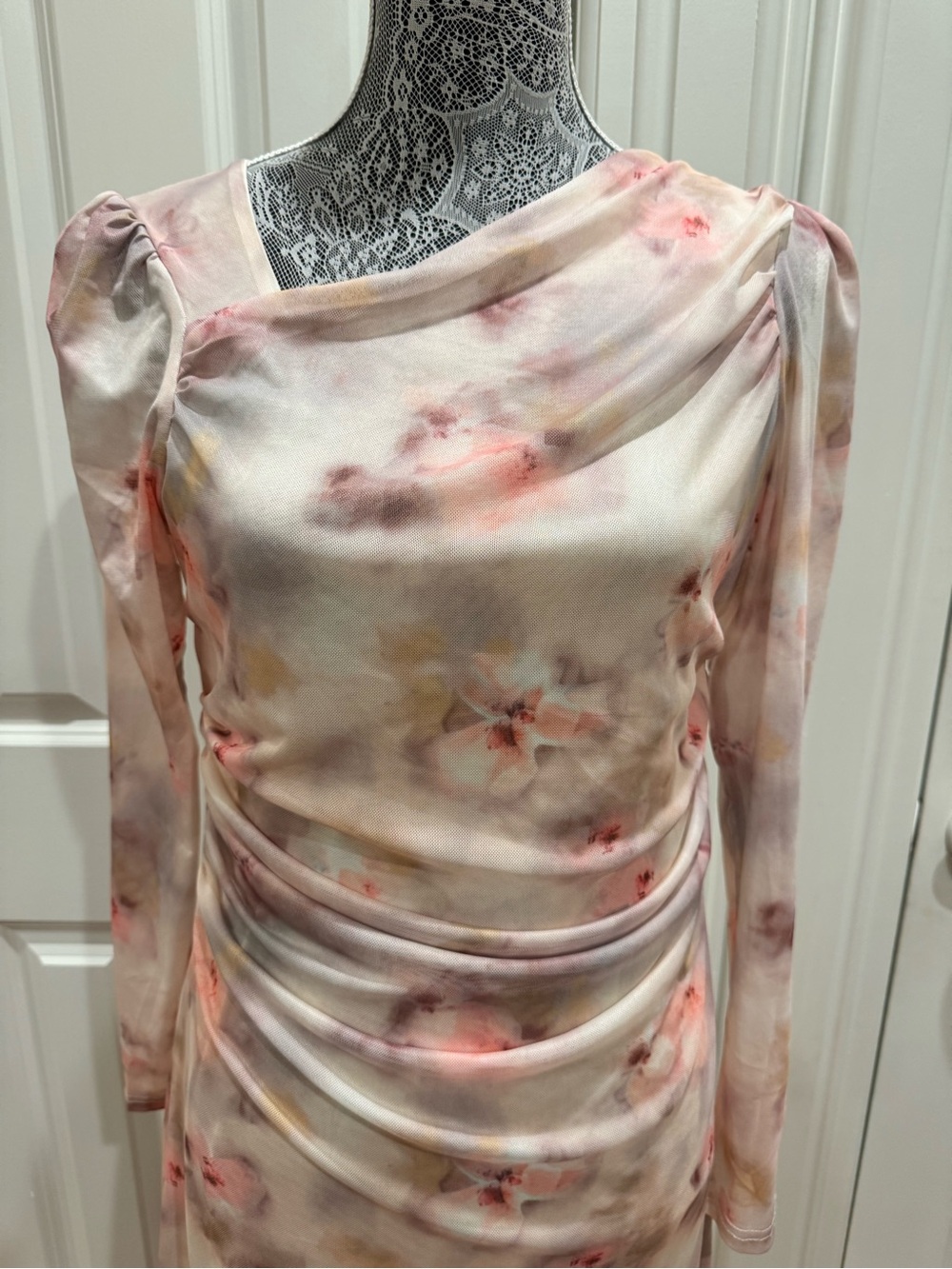 Soft Pink Floral Long-Sleeve Lined Midi Dress Size XL Coquette Fairycore - Picture 2 of 6